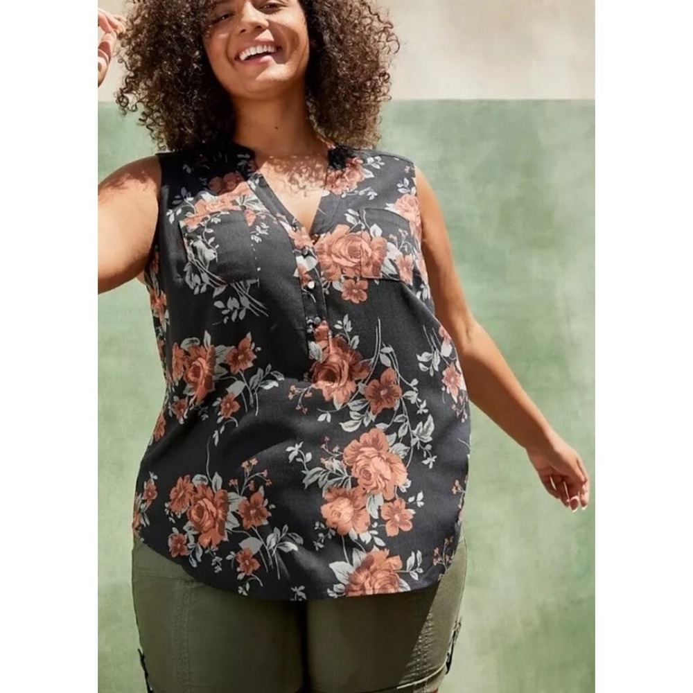 Torrid Harper Rayon Slub Knit Pullover Sleeveless Top Black Floral 0/12 Large EC